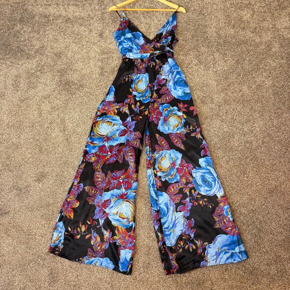 Free People Women's Size 4 Satiny Wide Leg Jumpsuit All Over Rose Print Boho - Picture 5 of 12